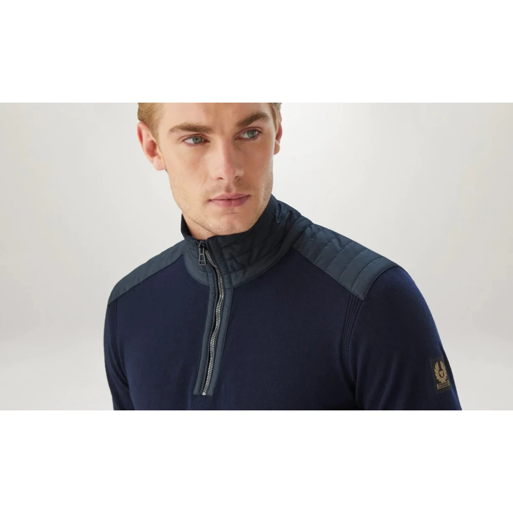Belstaff Merino Quarter Zip Jumper met Textuur Nylon Panelen Blue Heren