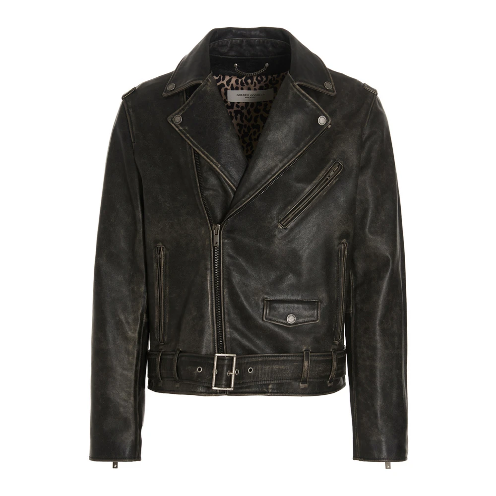 Golden Goose Men's Black/Golden Biker Jacket In Distressed Leather