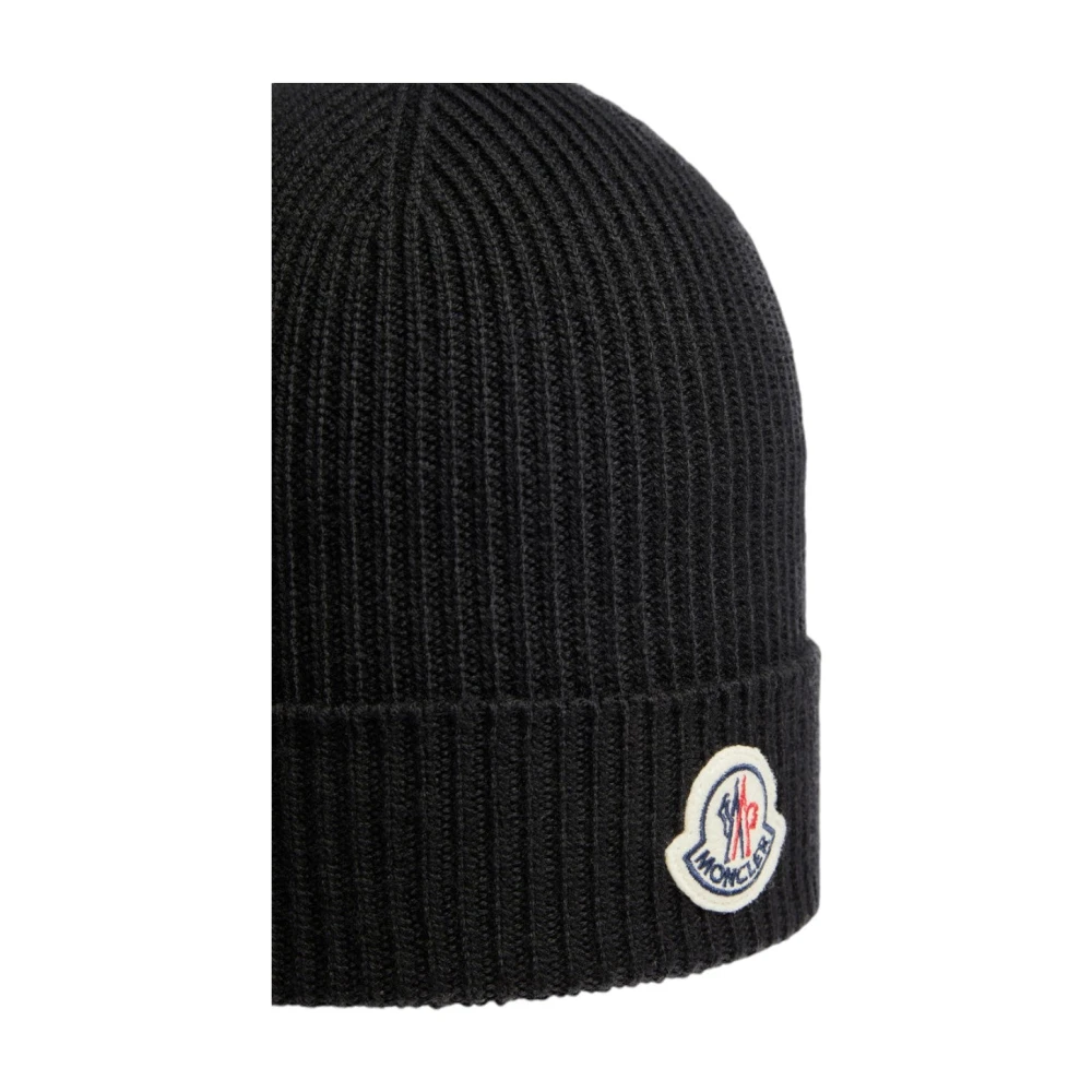Moncler Zwarte Wol Ribgebreide Muts Black Heren