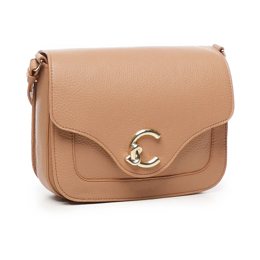 Coccinelle Leren schoudertas met logoklep Beige Dames