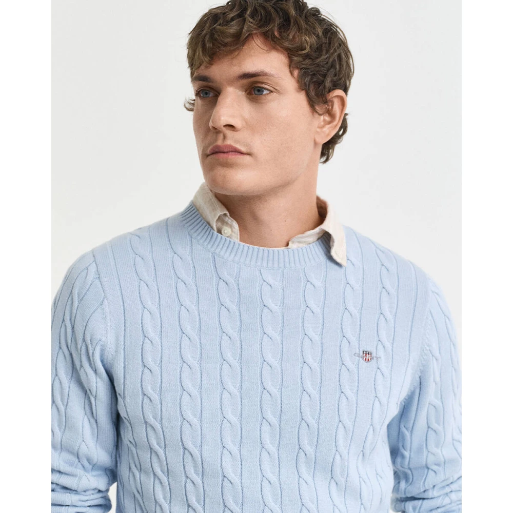 Gant Cable Knit Crew Neck Sweater Blue Heren