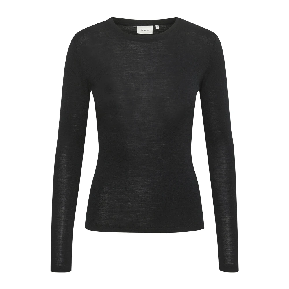 Gestuz Women's Black Long Sleeve T-Shirts, 2XS, Wool Roundneck Top