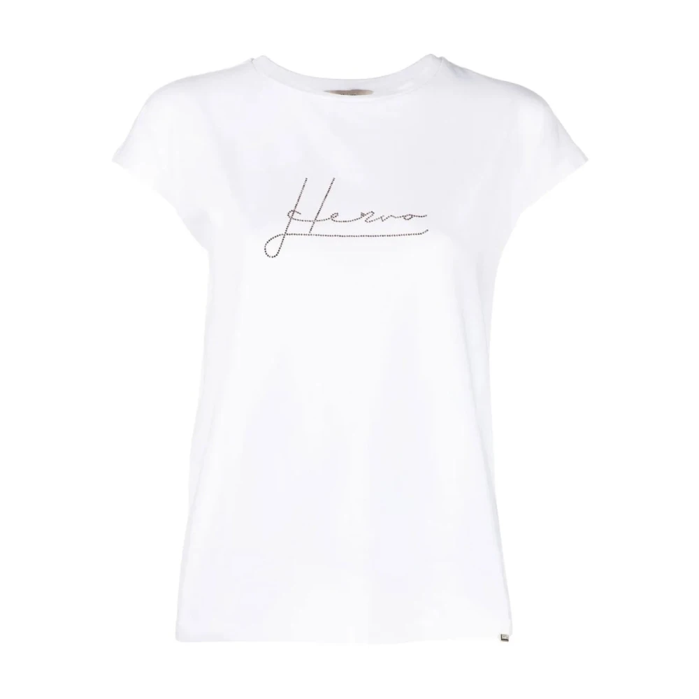 Herno Vrouw Wit Tops Dames, M, Katoen, T-Shirt Met Kristallen Logo