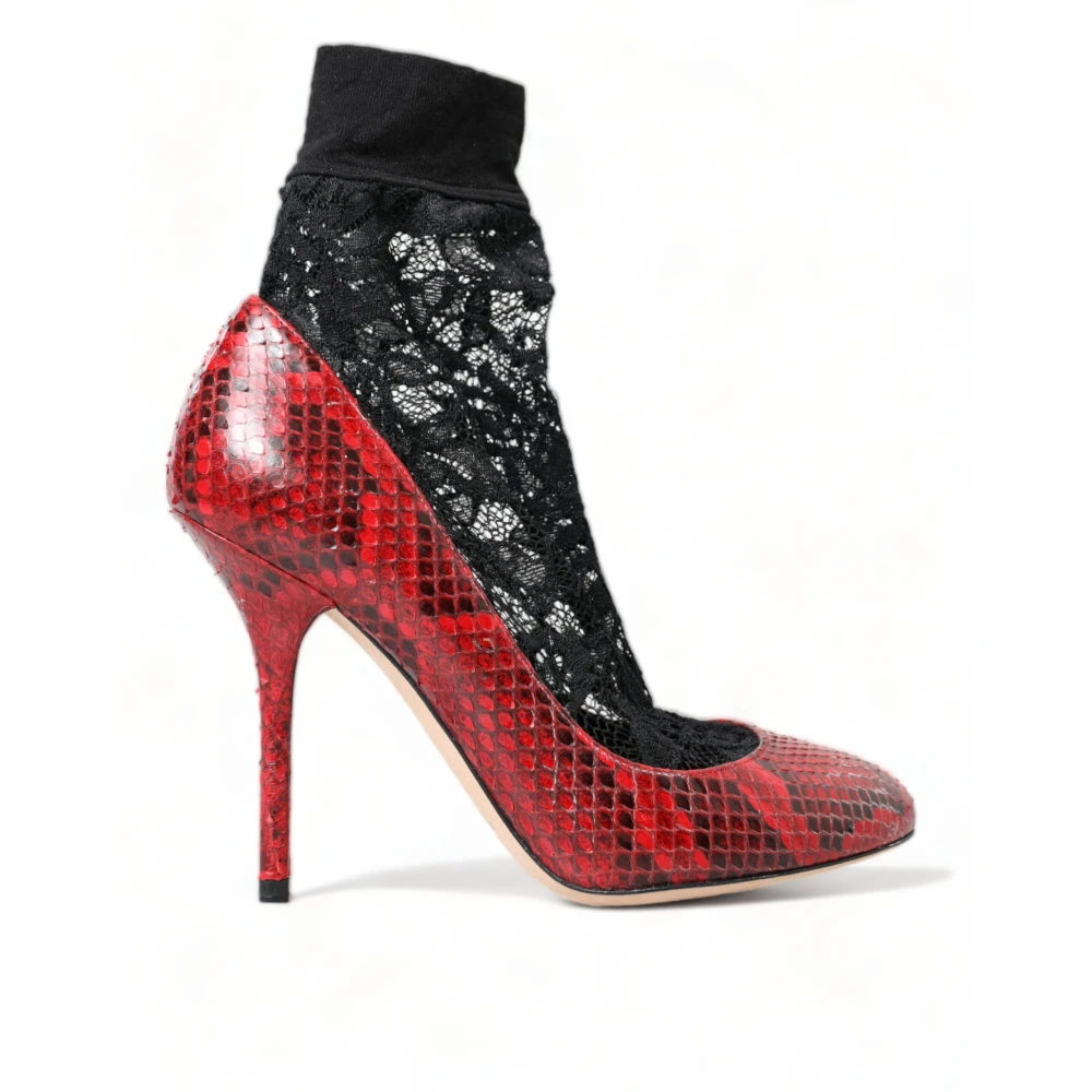 Dolce & Gabbana Women's Multicolor Pumps, 3 1/2 Uk, Red Almond Toe Snakeskin Pumps With Lace Socks