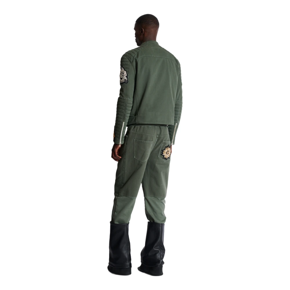 Balmain Denim Biker Jacket met Geborduurde Patches Green Heren