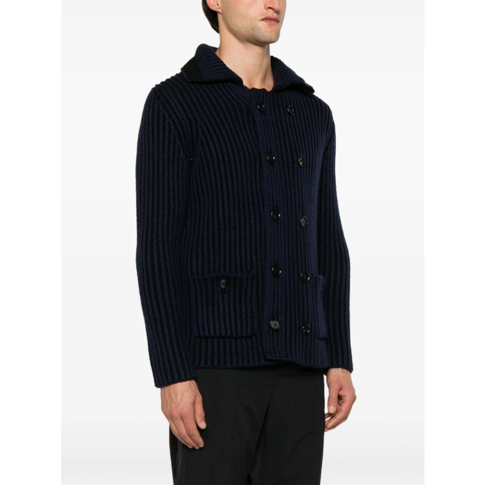 add Blauwe Geribbelde Gebreide Double-Breasted Jas Blue Heren
