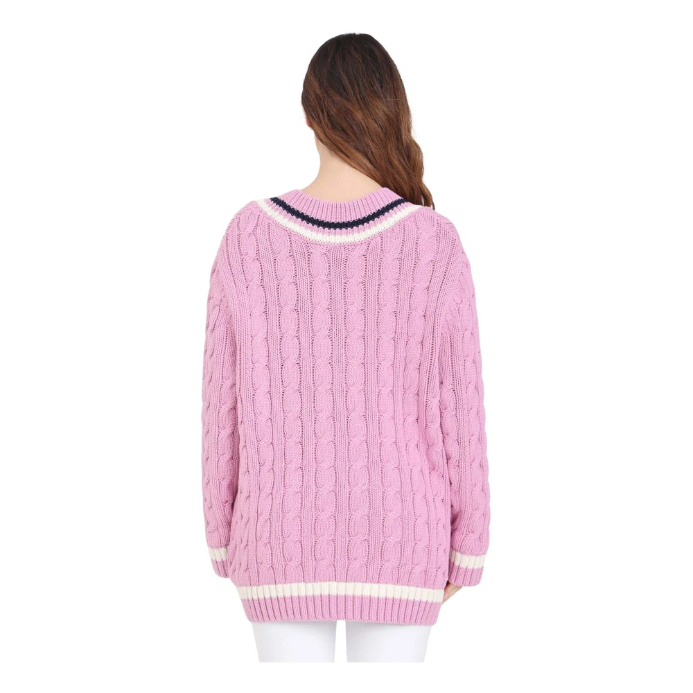 Lacoste Roze V-hals Sweater met Gevlochten Textuur Pink Dames