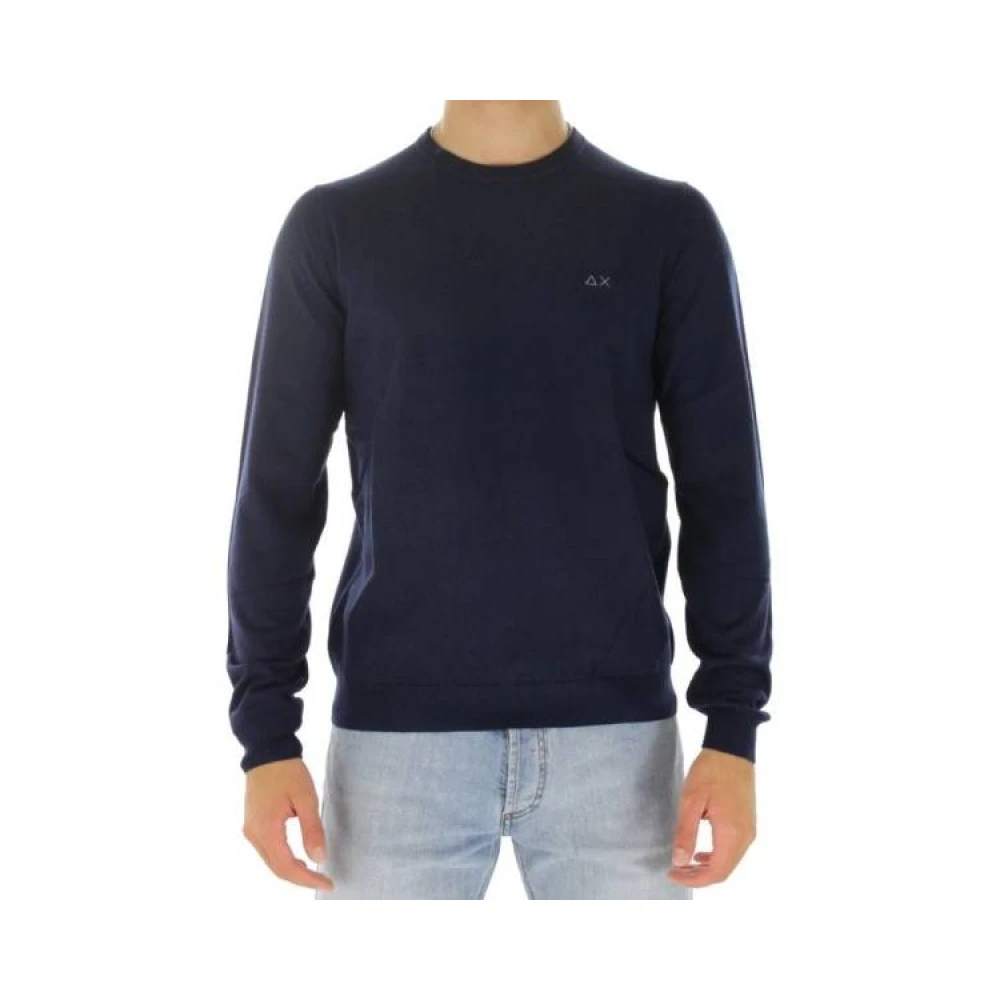 Sun68 Crewneck Sweater Merino Cotton Logo Contrast Blue, Herr