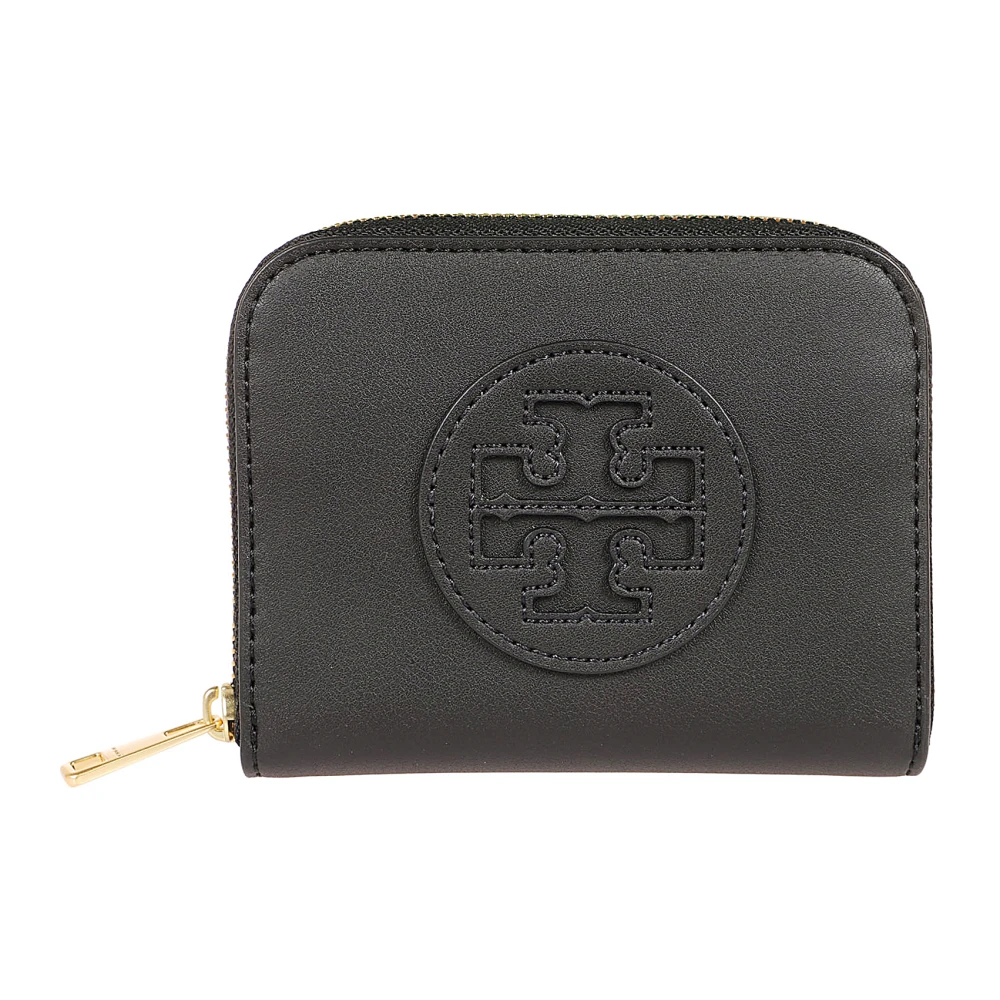 TORY BURCH Zwarte leren portemonnee met iconisch logo Black Dames