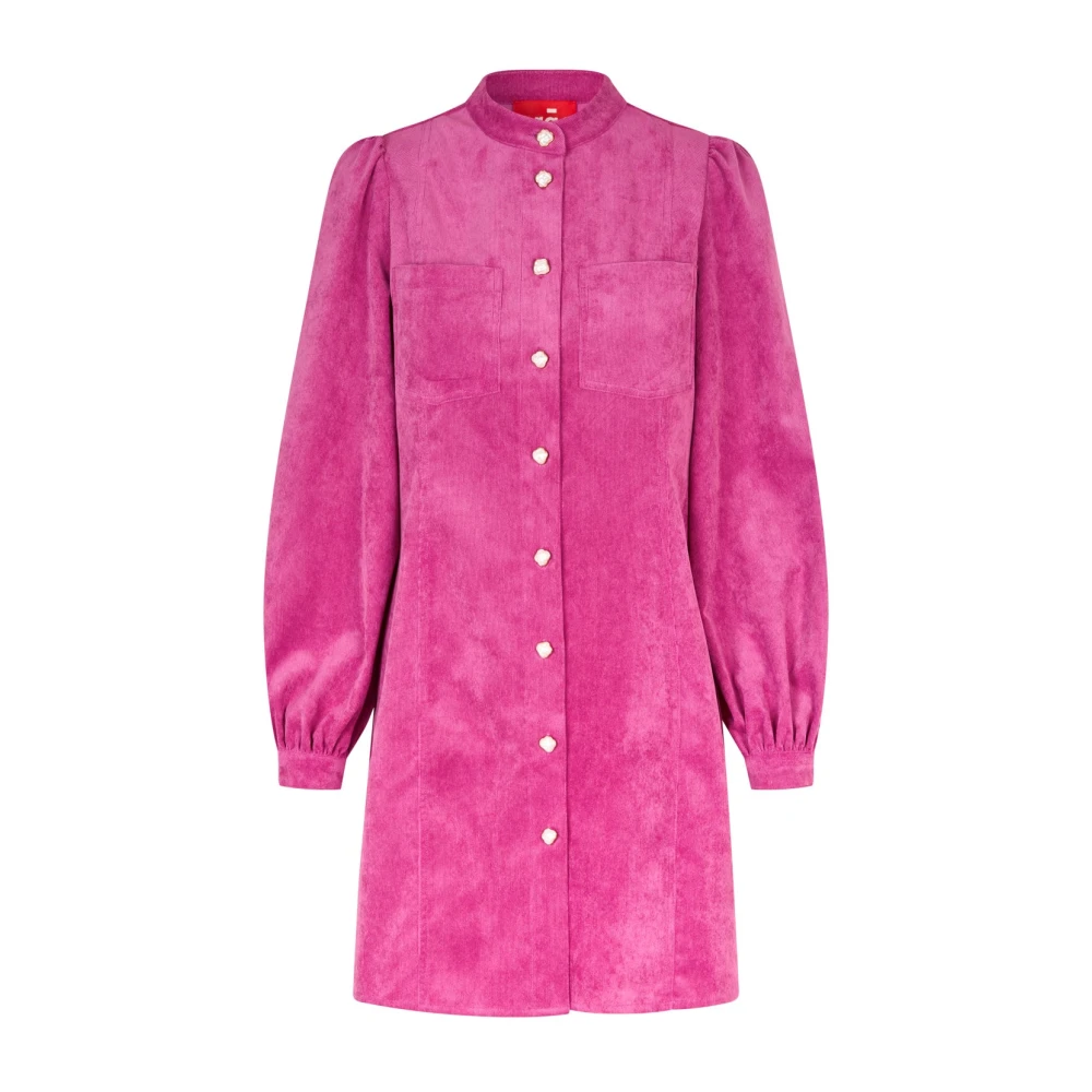 Cras Fluwelen Jurk met Hoge Kraag en Pofmouwen Pink Dames