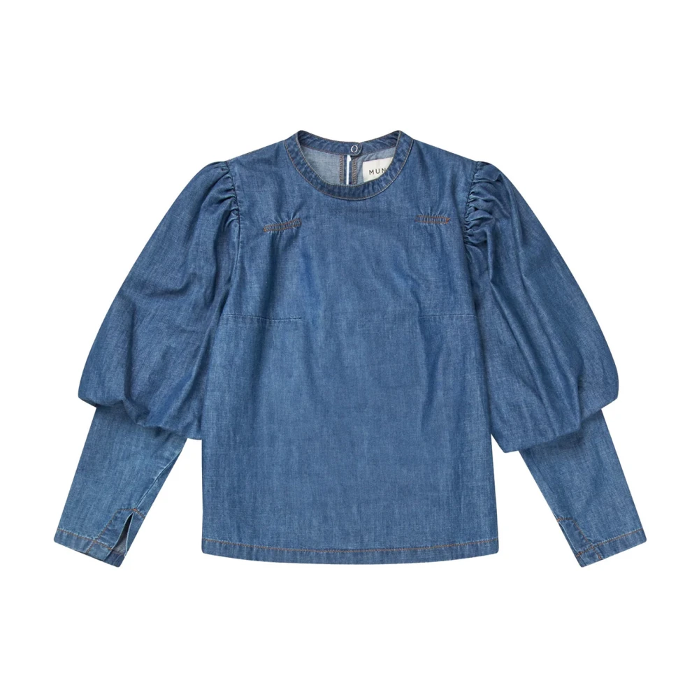 Munthe Elegante Pofmouw Denim Blouse Blue Dames