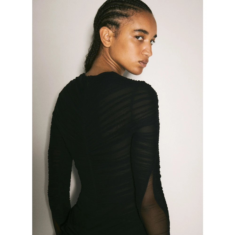 Mugler Geplooide Bodysuit met Lange Mouwen en Semi-Transparant Black Dames