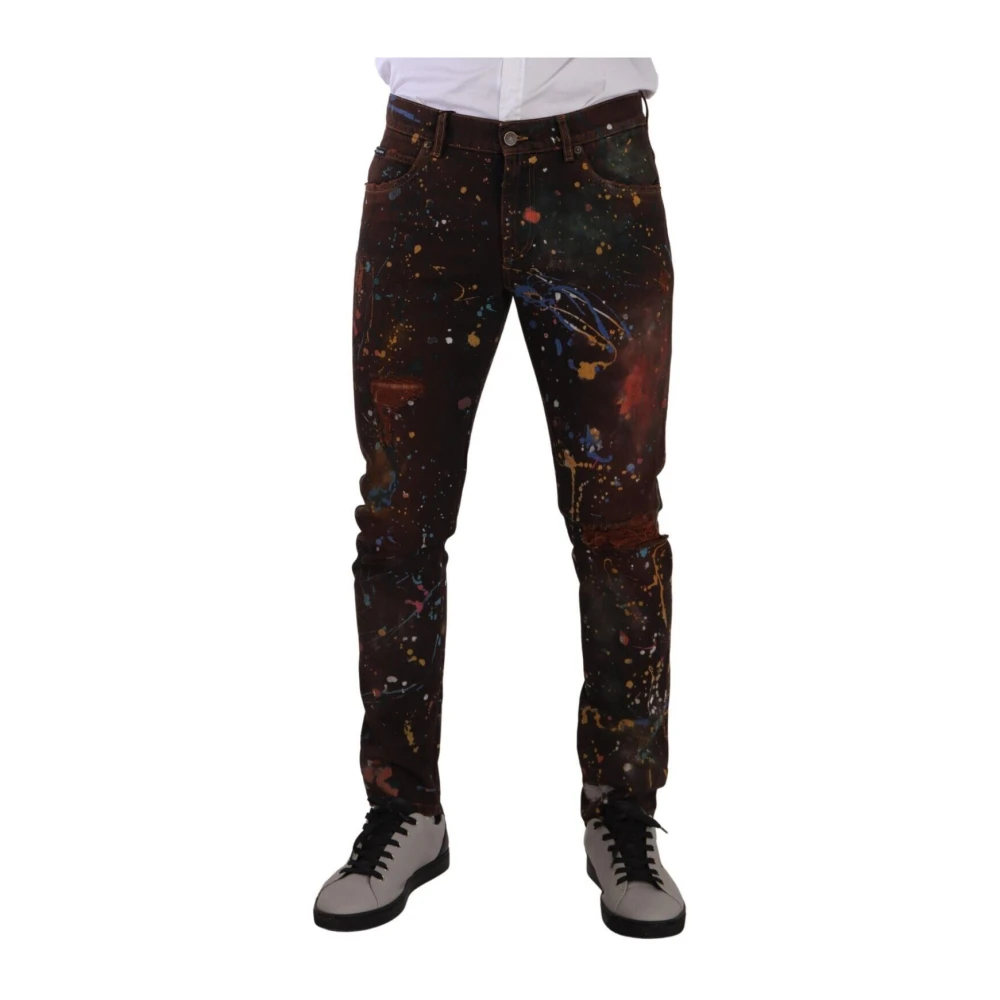 Dolce & Gabbana Men's Multicolor Slim-Fit Jeans,, Painted Skinny Denim Jeans Medium