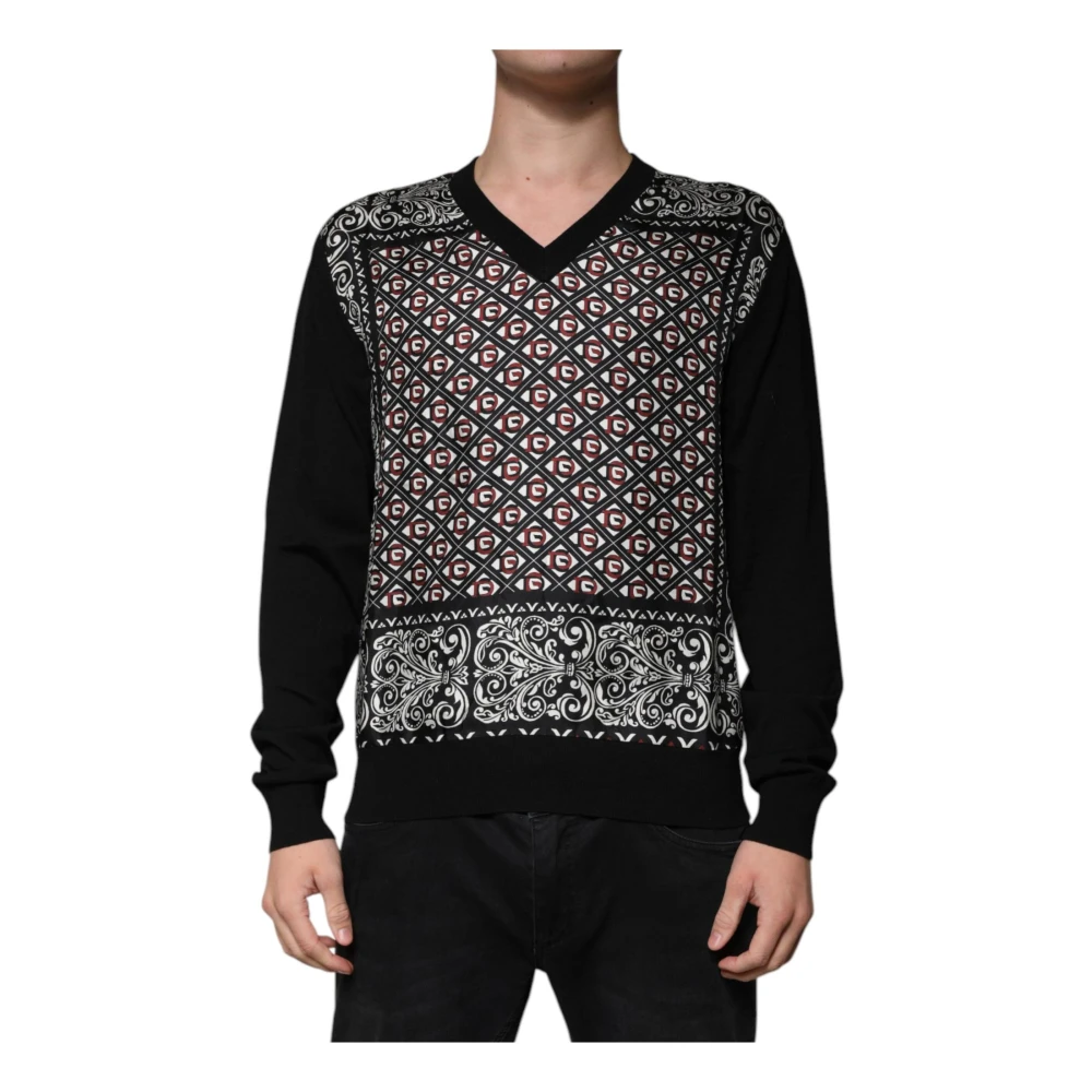 Dolce & Gabbana Zwarte Wol V-hals Logo Trui Black Heren
