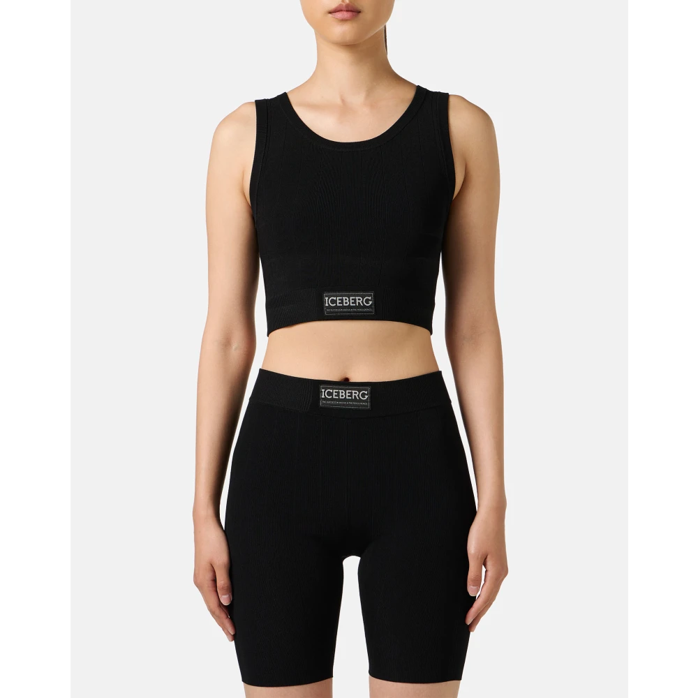 Iceberg Zwarte actieve top in geribbeld breisel met logo Black Dames