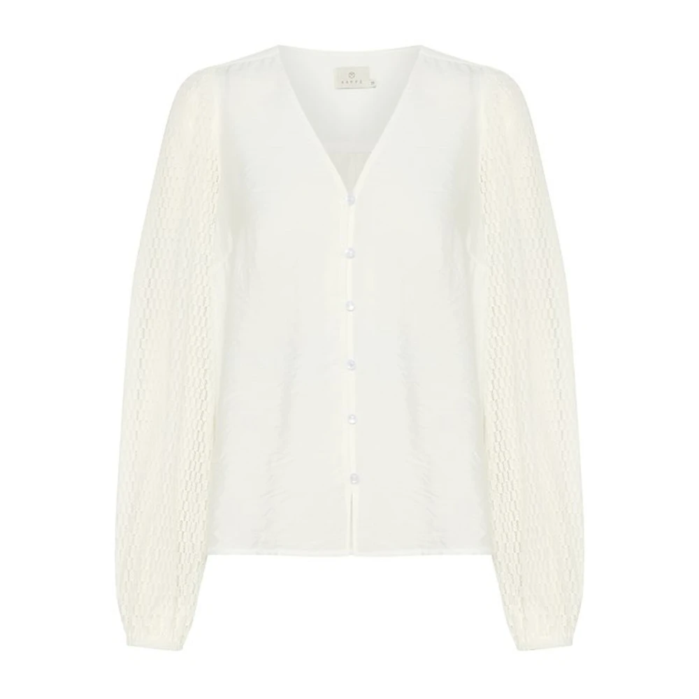 Kaffe Kanten blouse met V-hals en knopen White Dames