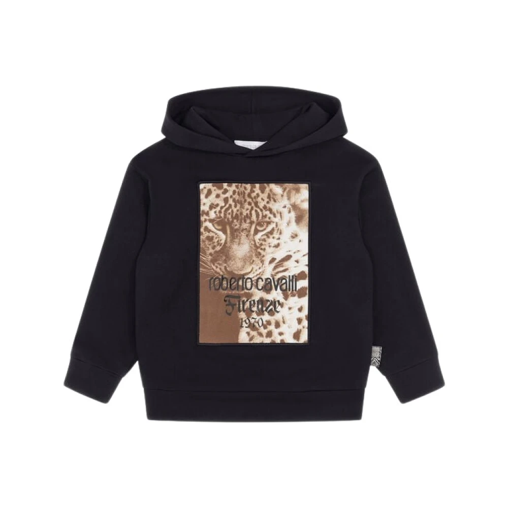 Roberto Cavalli Black Kids Sweatshirts, Male, 6 Y, Printed Hooded Sweatshirt