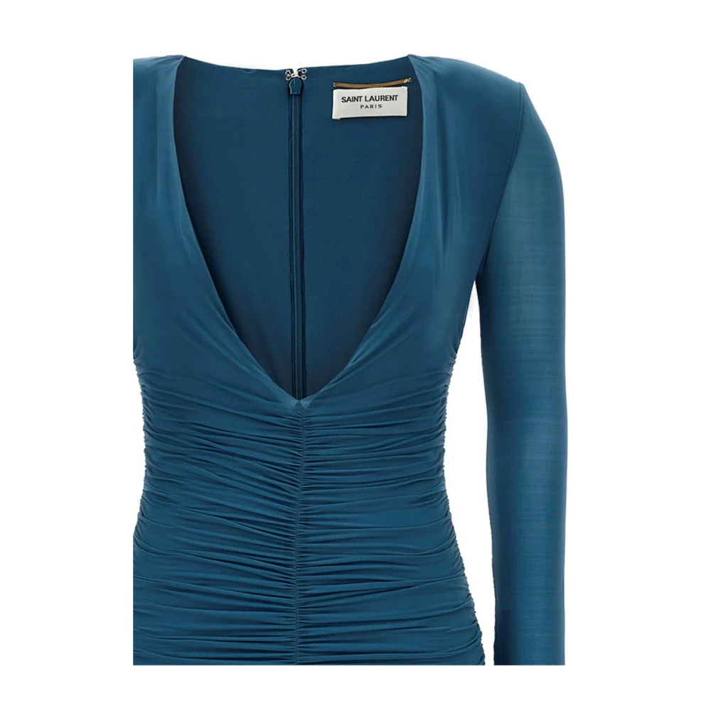 Saint Laurent Cupro Jersey V-Neck Jurk Blue Dames