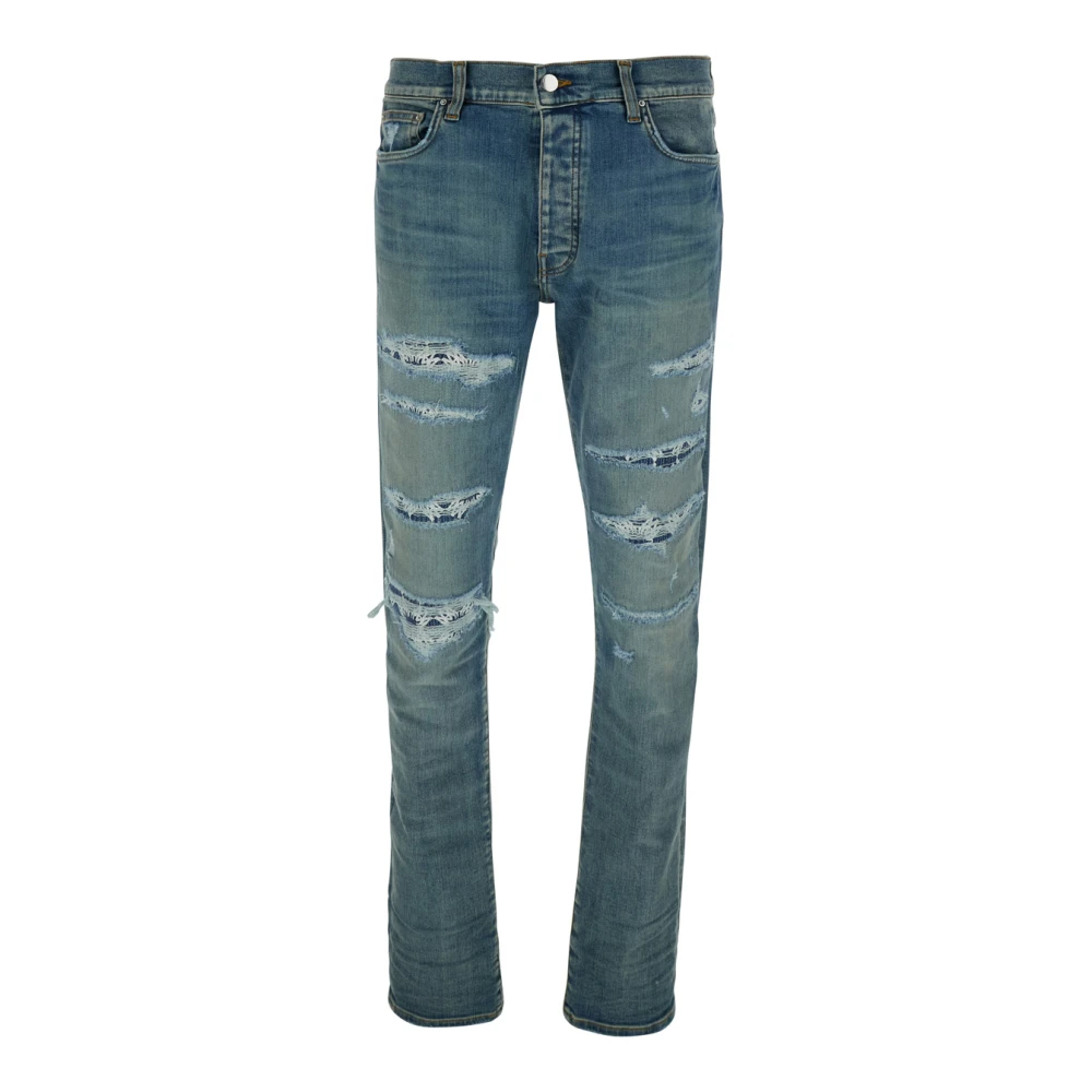 Amiri Blauwe Ripped Denim Jeans met Logo Patch Blue Heren