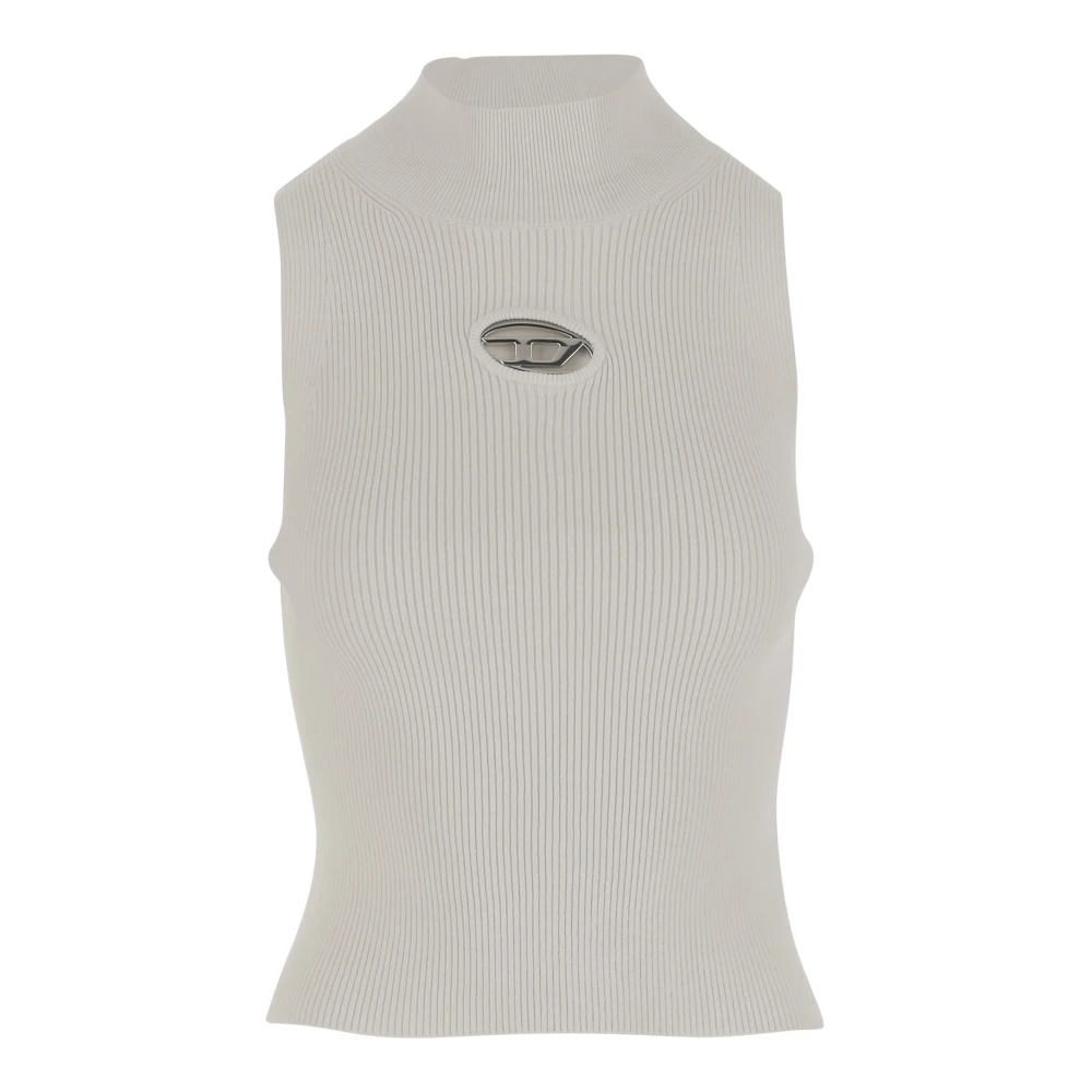 Diesel Mouwloze Hoge Hals Logo Top Wit White Dames