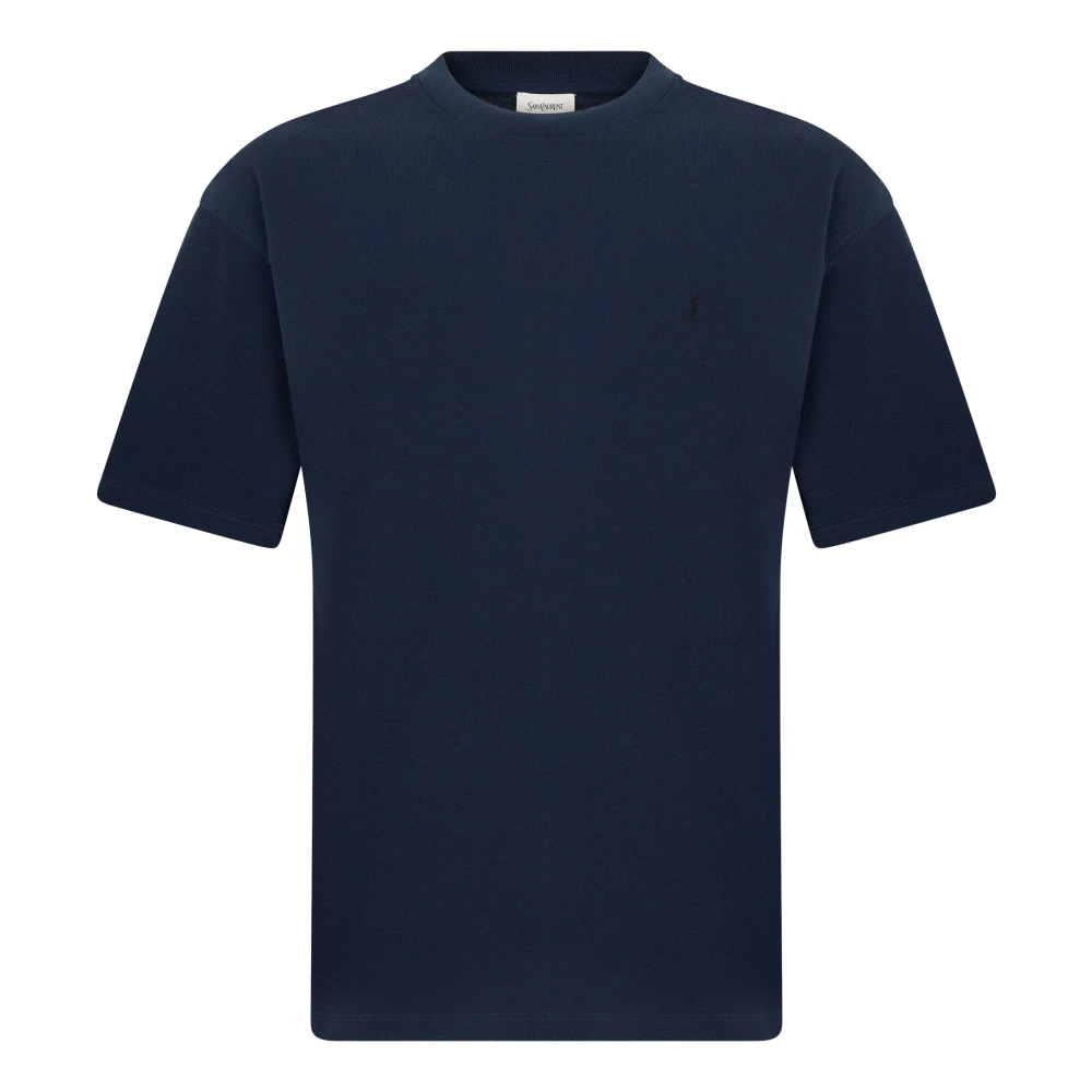 Saint Laurent Blue T-Shirts, Male, L, Cotton T-Shirt With Embroidered Logo