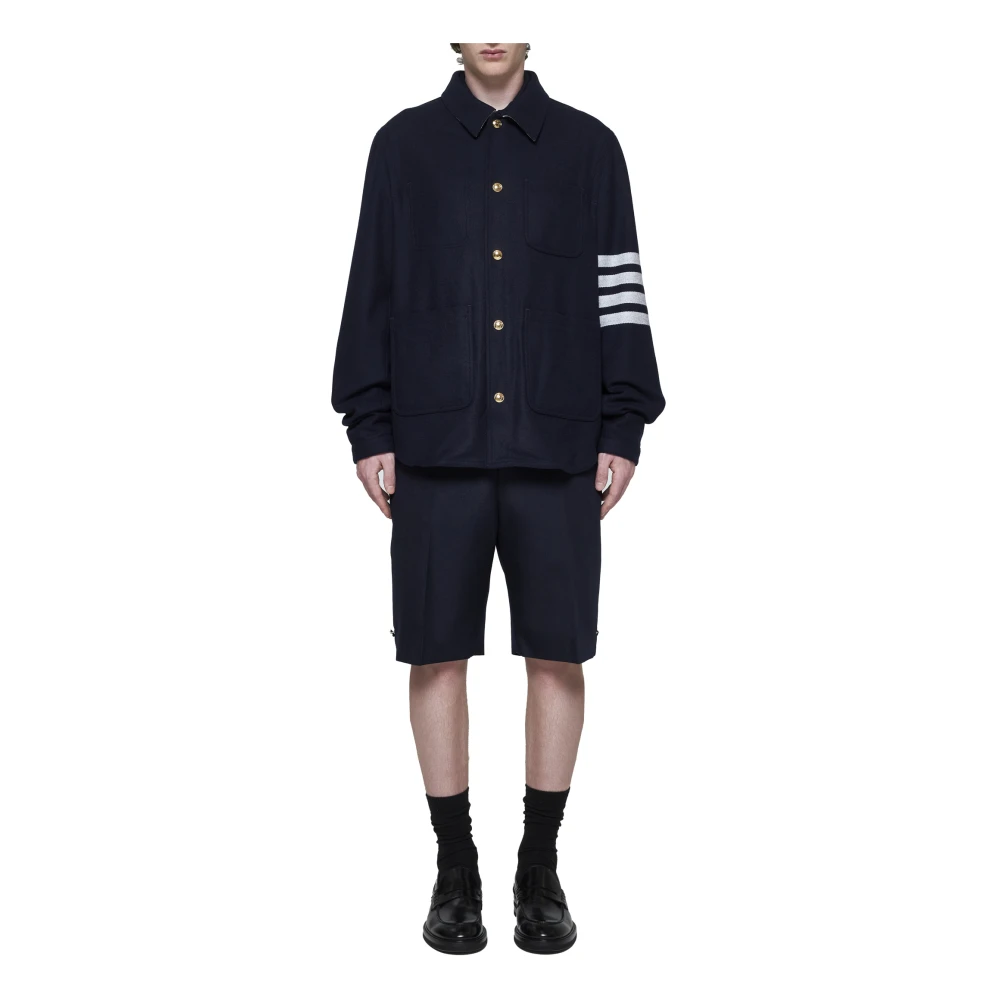 Thom Browne Navy Blauwe Wol Utility Jas Blue Heren