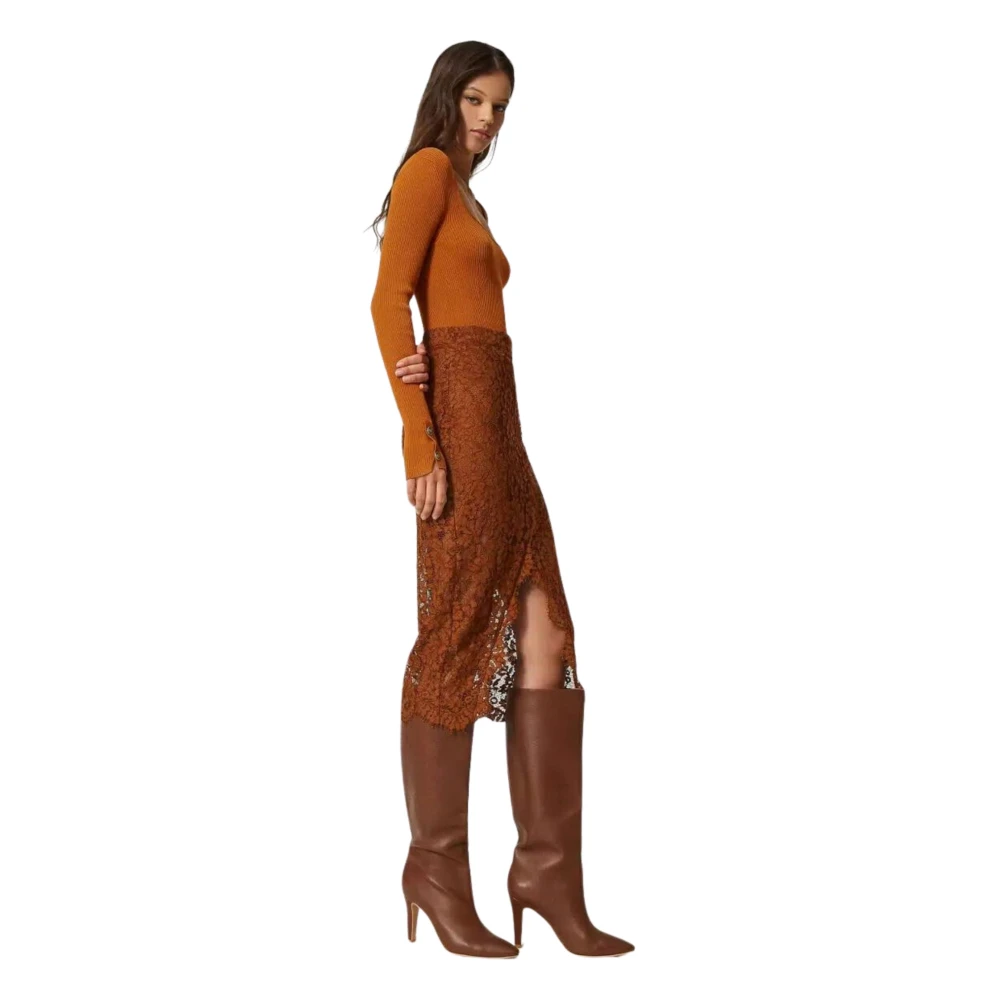 Twinset Bruine Kanten Midi Rok Brown Dames
