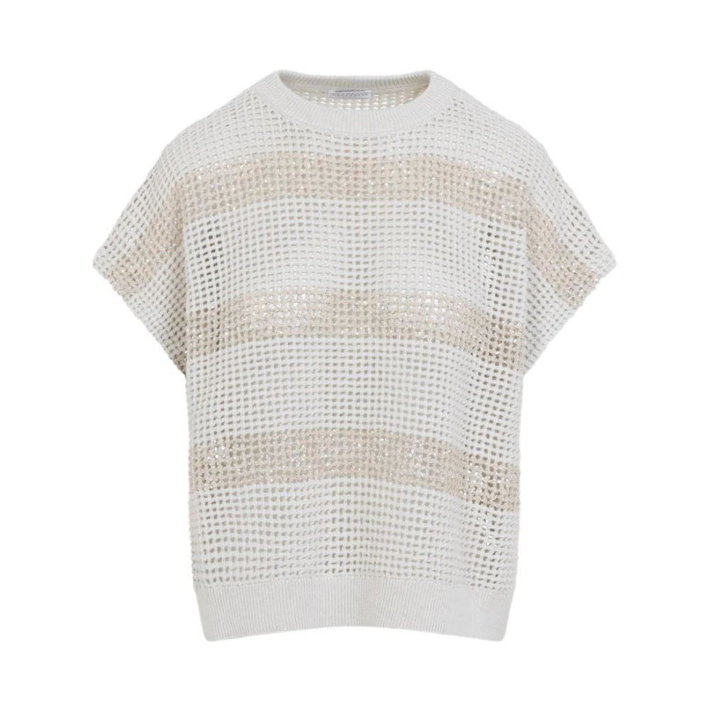 Brunello Cucinelli Beige Round-Neck Knitwear, Female, Xs, Striped Cotton Jumper