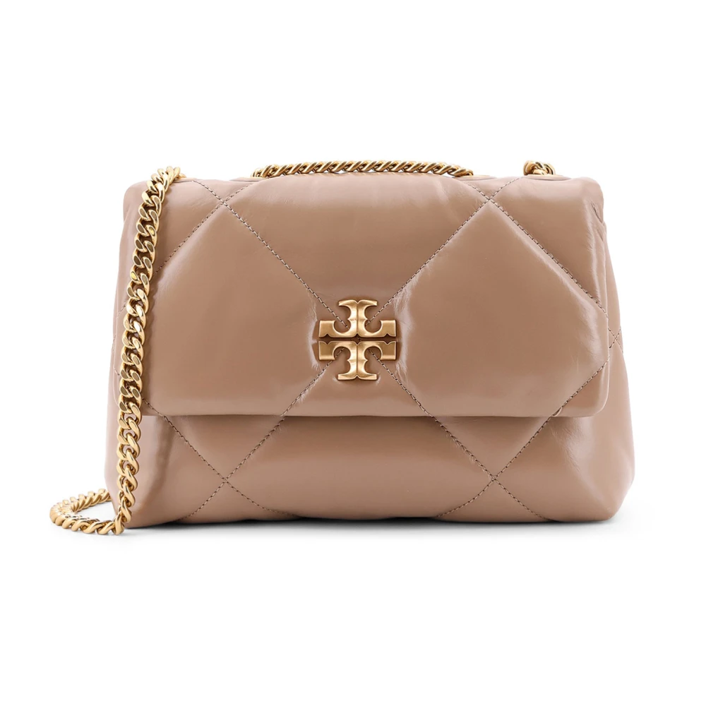 TORY BURCH Matelassé leren schoudertas met metalen logo Beige Dames