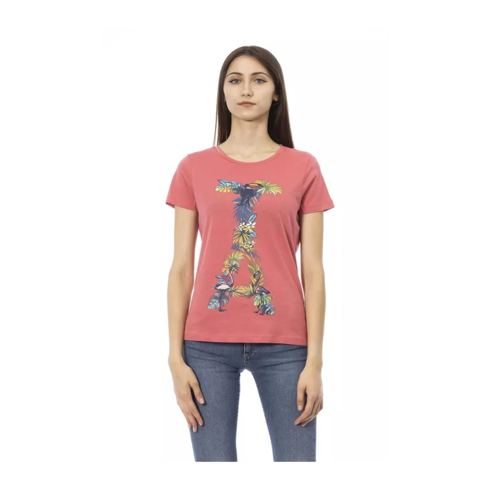 Trussardi Women's Red T-Shirts, M, Floral Flamingo Short Sleeve Tee