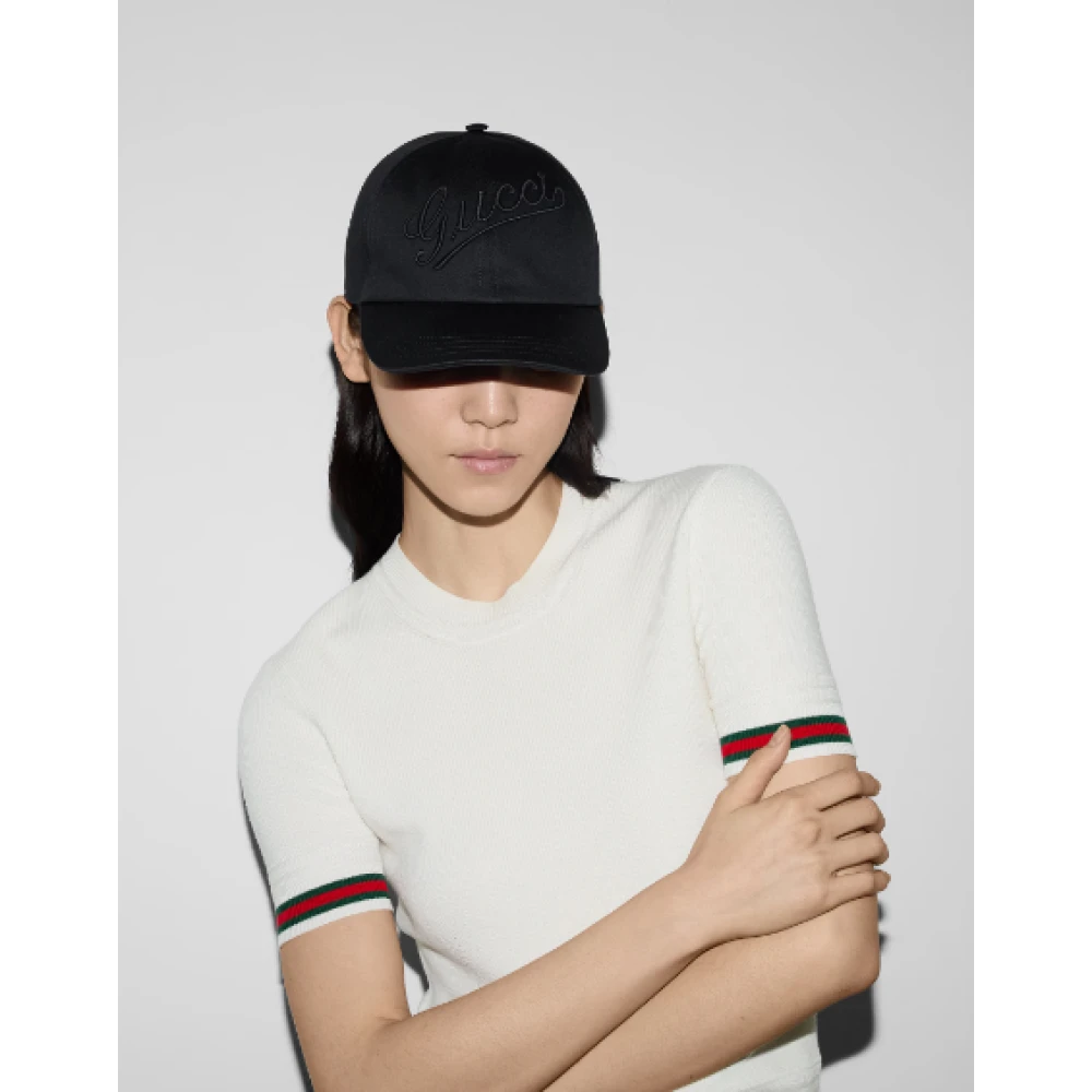 Gucci Zwarte Geborduurde Logo Katoenen Hoed Black Dames