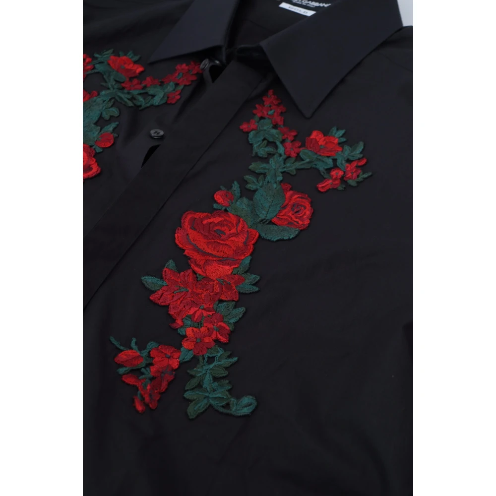 Dolce & Gabbana Zwarte katoenen overhemd met bloemenborduursel Black Heren