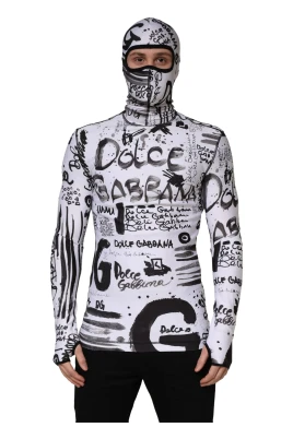 Vit Jersey Graffiti Print Balaclava Huvtröja