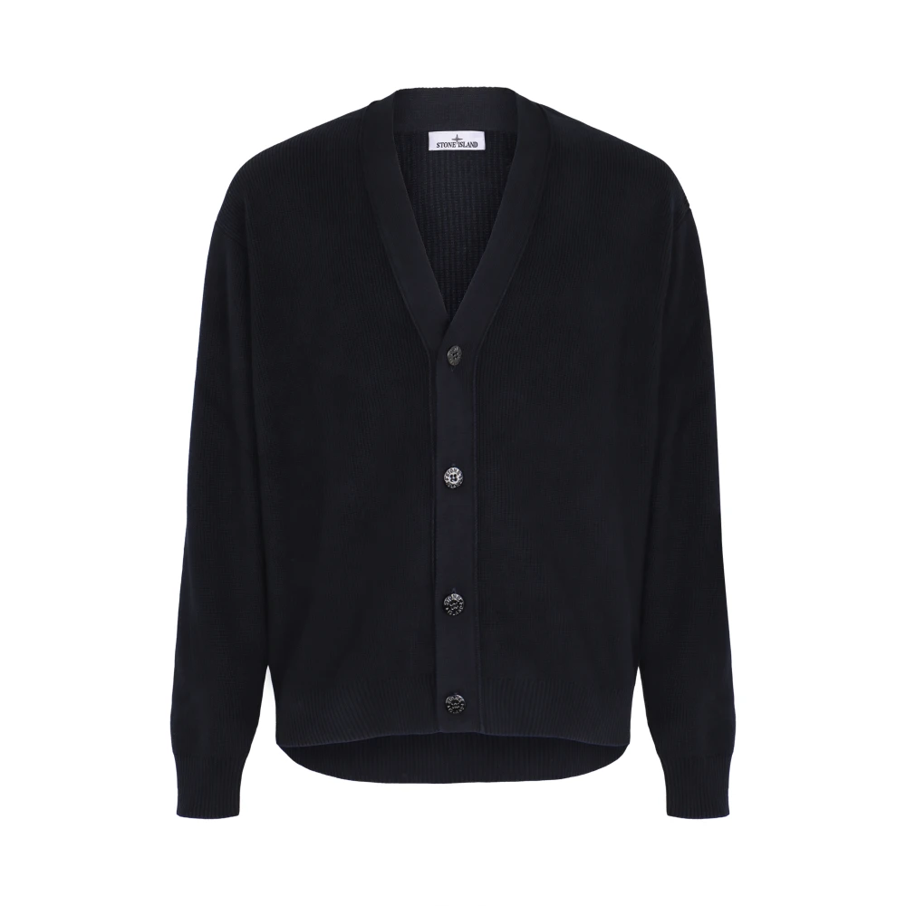 Stone Island Blue V-Neck Cardigan With Buttons And Ribbed Trims - Male - Cardigans - Xl - Knitwear