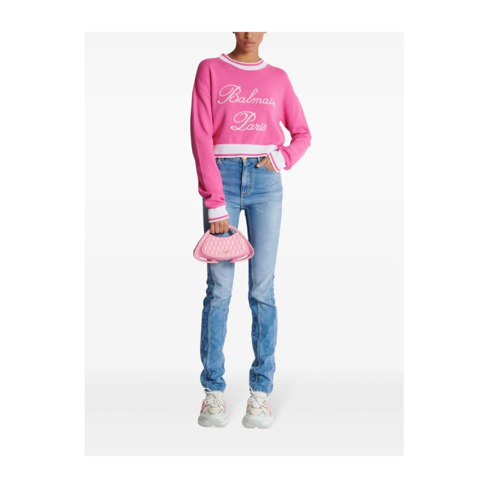 Balmain Roze Gebreide Logo Trui Pink Dames