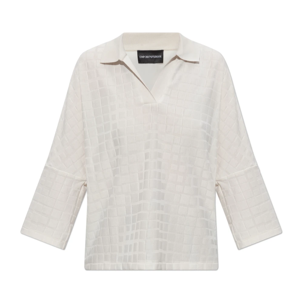 Emporio Armani Kvinno Beige Toppar Dam, M, Jacquard Jersey Tröja Med Pikékrage Och Rutmönster