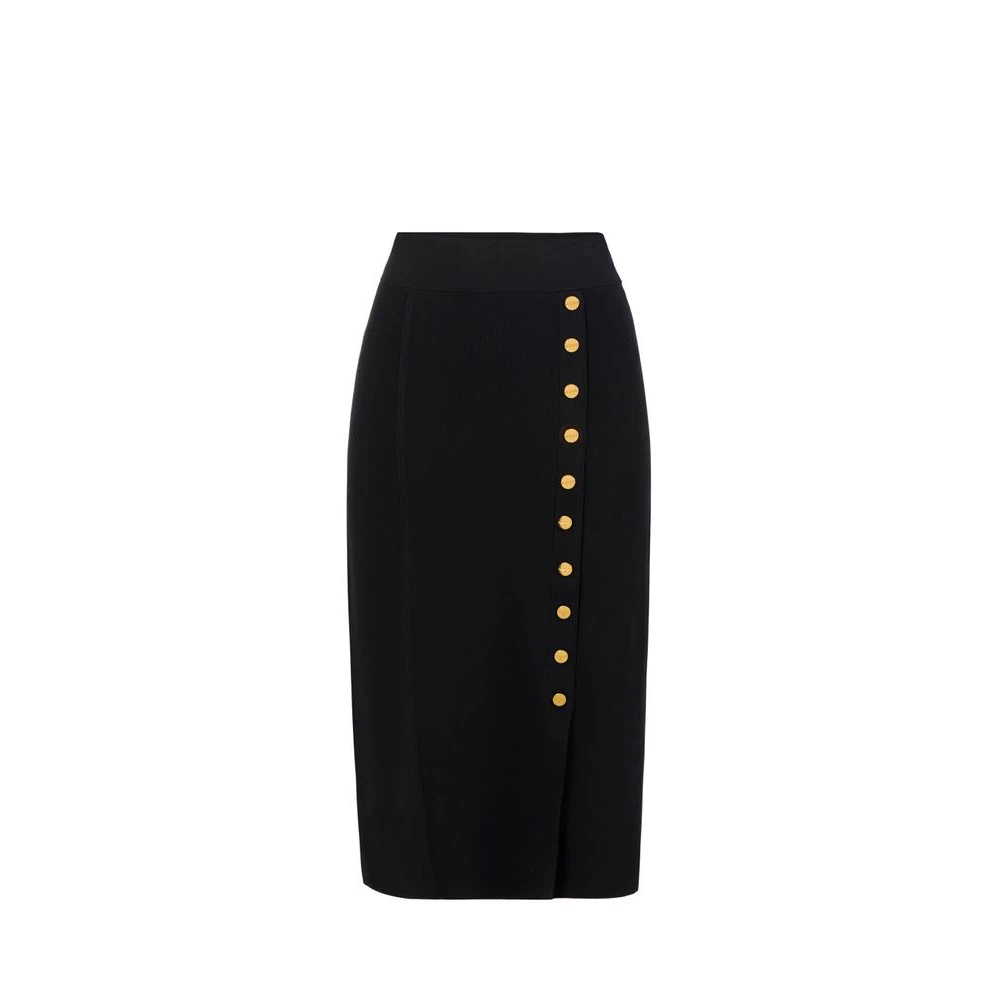 Elisabetta Franchi Black Midi Skirts, Female, S, Knitted Midi Skirt With Jewel Buttons