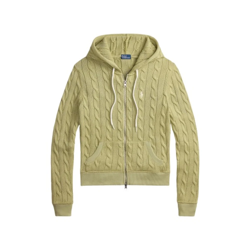 Polo Ralph Lauren Kvinno Grön Stickade Tröjor Dam, M, Bomull, Cable Knit Cotton Full-Zip Hoodie