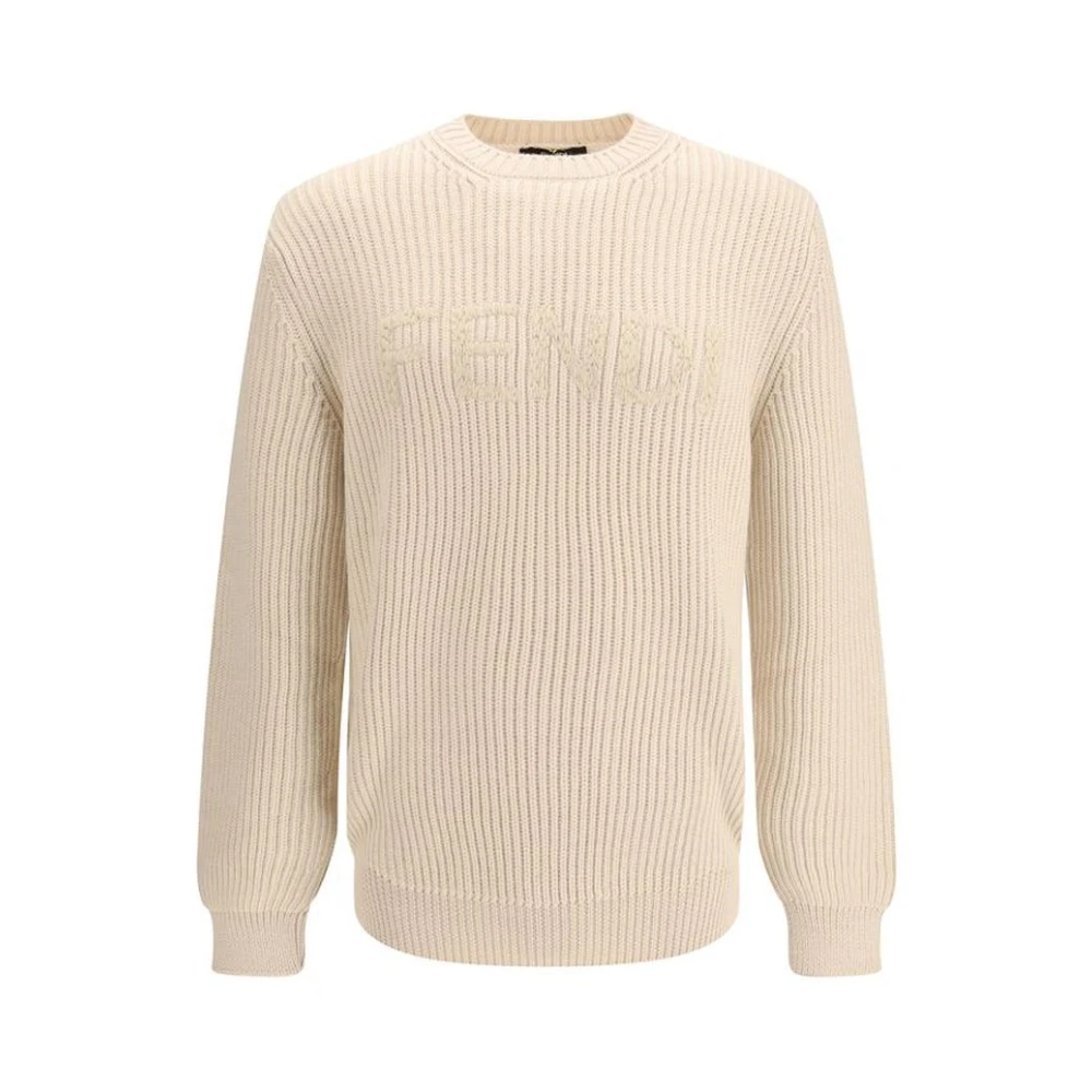 Fendi Herr Beige Stickade Tröjor M, Fleece Ull Sweatshirt Med Ribbade Muddar