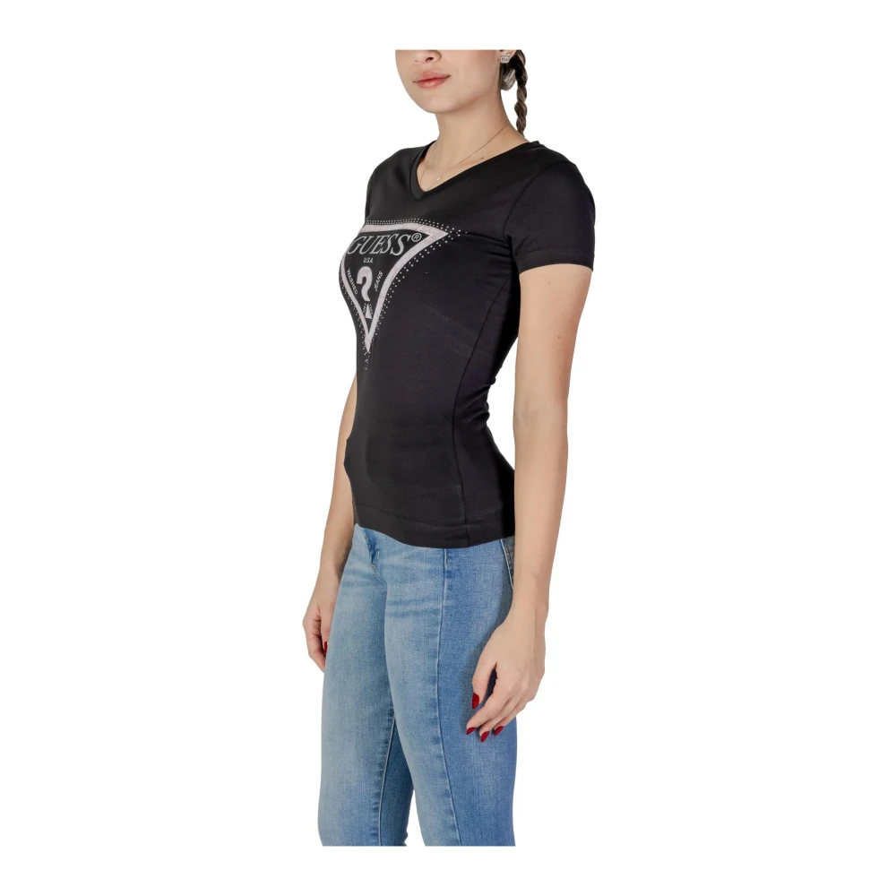 Guess Rhinestone Logo V-hals T-shirt Black Dames