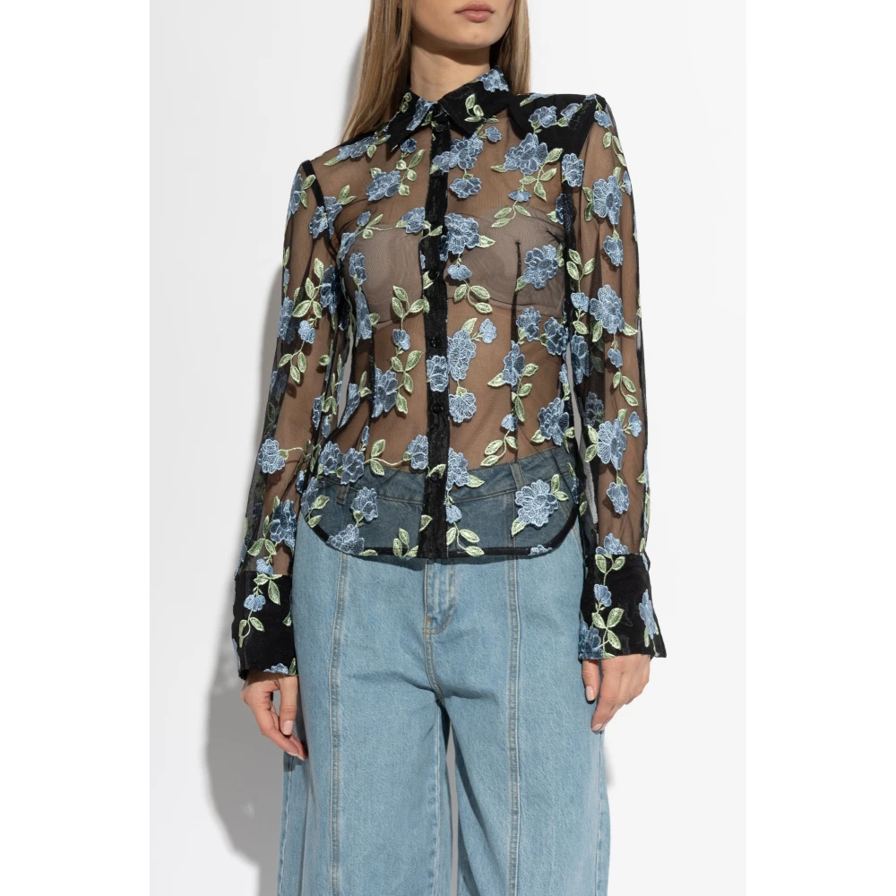 Rotate Birger Christensen Transparant Bloemenpatroon Shirt Black Dames