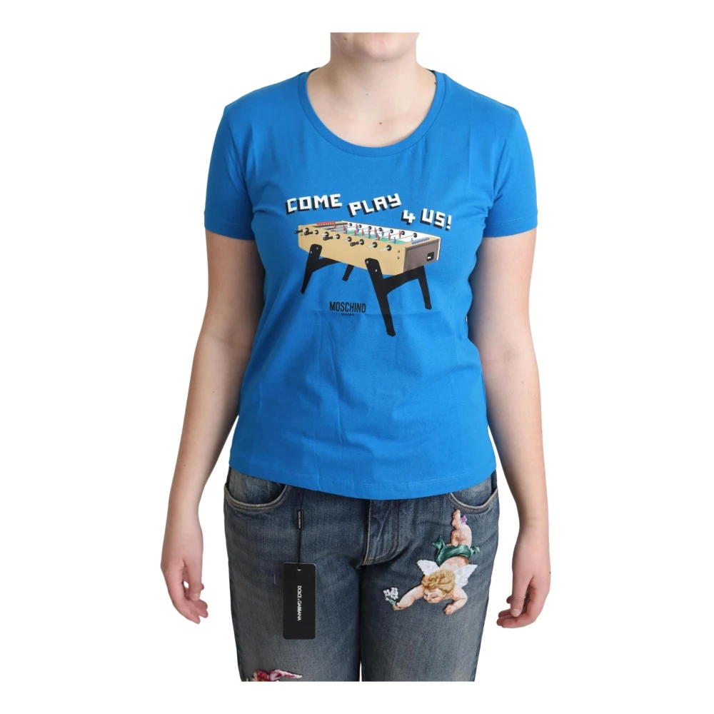 Moschino Women's Blue T-Shirts, M, Cotton Come Play 4 Us Print T-Shirt