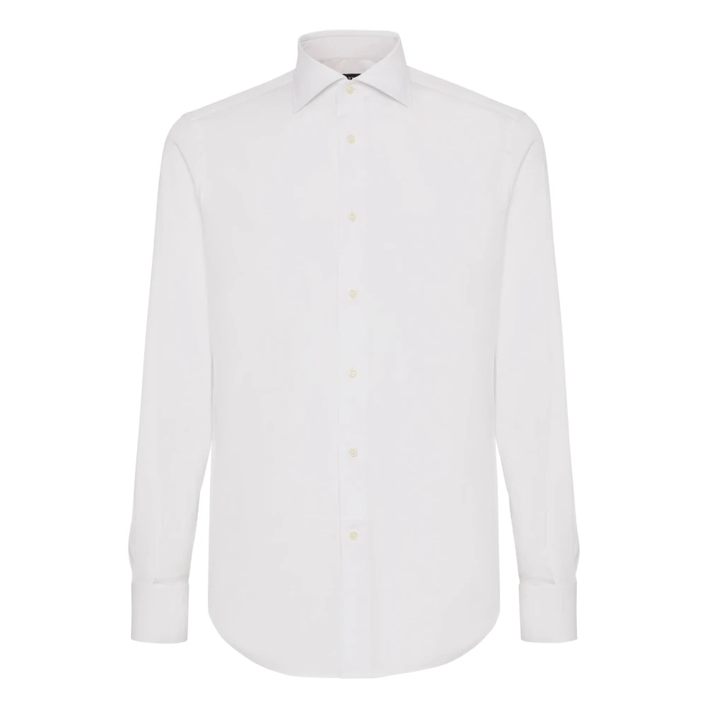 Boggi Milano Mannelijk Wit Overhemden Heren, S, Katoen, Slim Fit Stretch Katoenen Overhemd