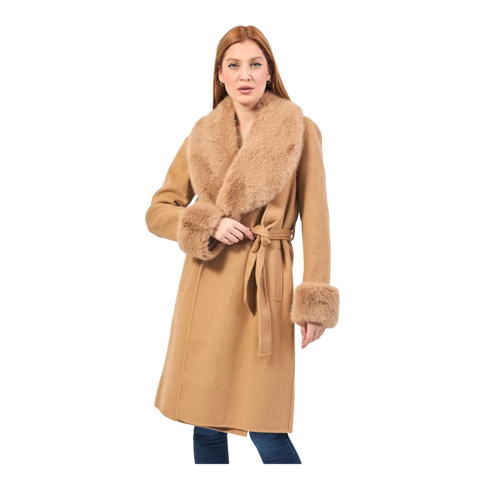 Fracomina Beige Lange Wollen Jas met Shawl Kraag Beige Dames