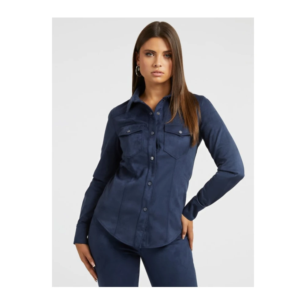 Guess Velours Overhemd Blauw Slim Fit Blue Dames