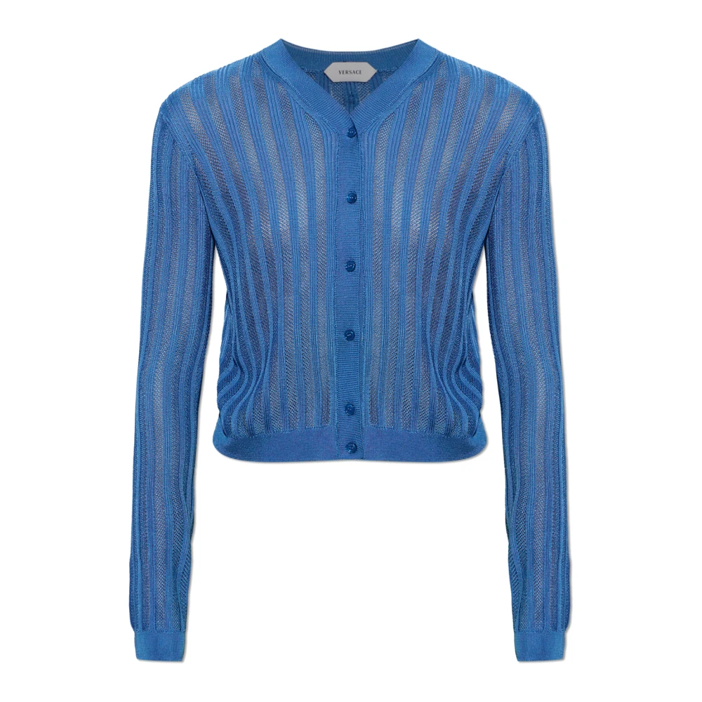 Versace Vrouw Blauw Truien & Vesten Dames, Xs, Leer, Viscose Mesh Ribbed Knit Cardigan