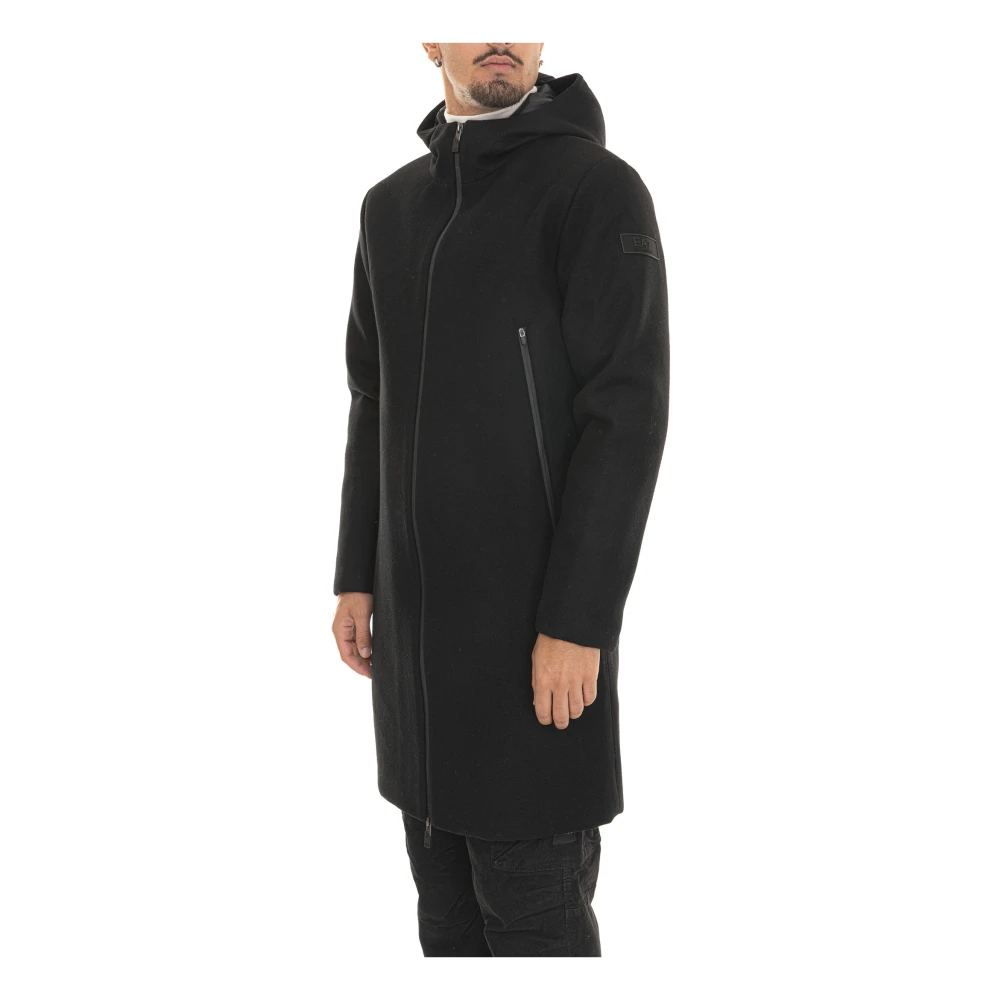 Emporio Armani EA7 Wollen jas met capuchon en zakken Black Heren
