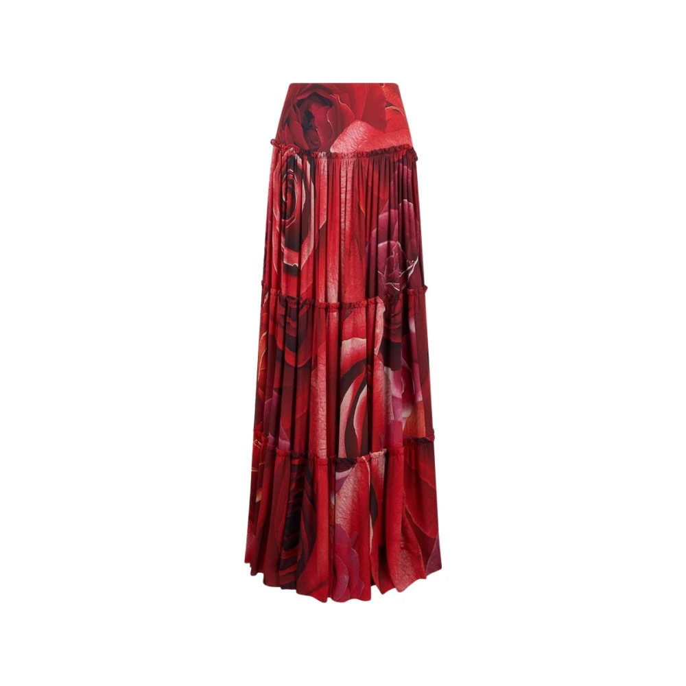 Roberto Cavalli Women's Red Maxi Skirts, Xs, Garden Rose Print Pleated Skirt