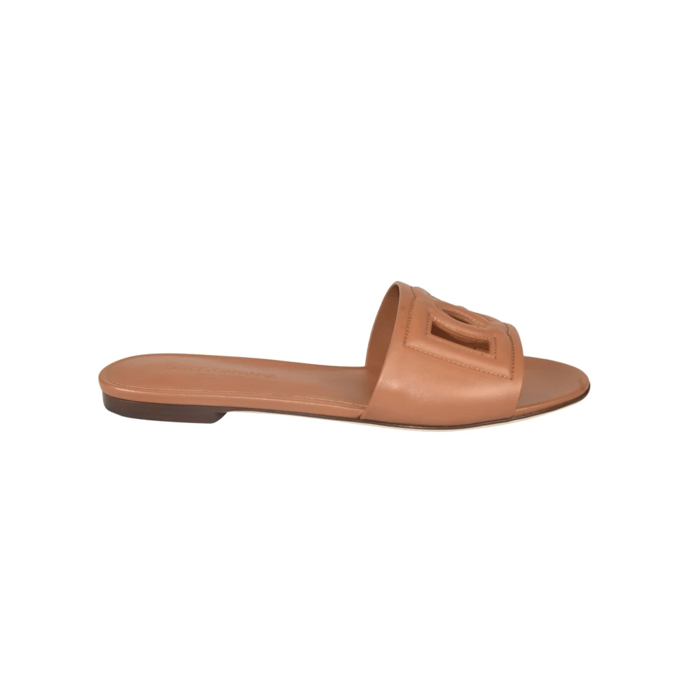 Dolce & Gabbana Women's Brown Sliders, 4 Uk, Logo Leather Sandals
