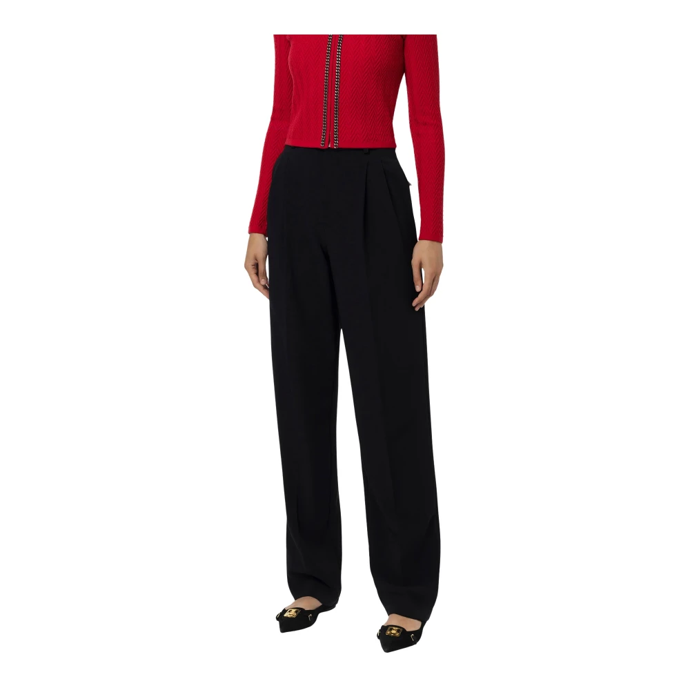 Elisabetta Franchi Women's Black Stretch Crepe Trousers With Double Pleats - Straight Trousers - L - Trousers